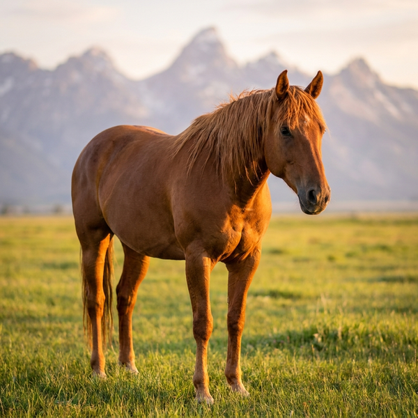 Calm chestnut horse in a Colorado pasture with mountains behind - hemp for horses
