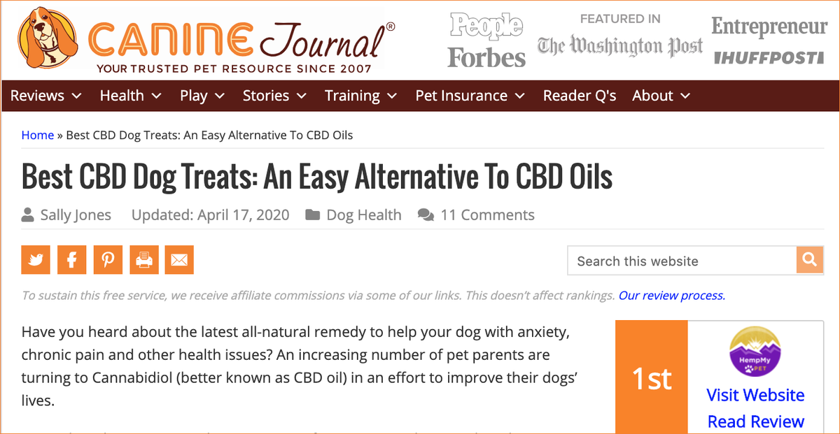 HempMy Pet Ranked #1 Top Pick for Best CBD Dog Treats on CanineJournal.com