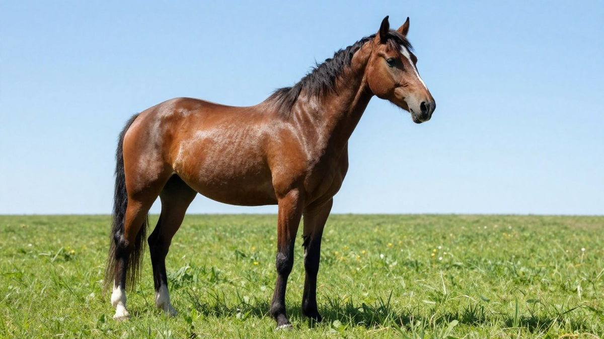 Healthy bay horse grazing in a green summer pasture — managing pasture sugar is a year-round part of equine wellness
