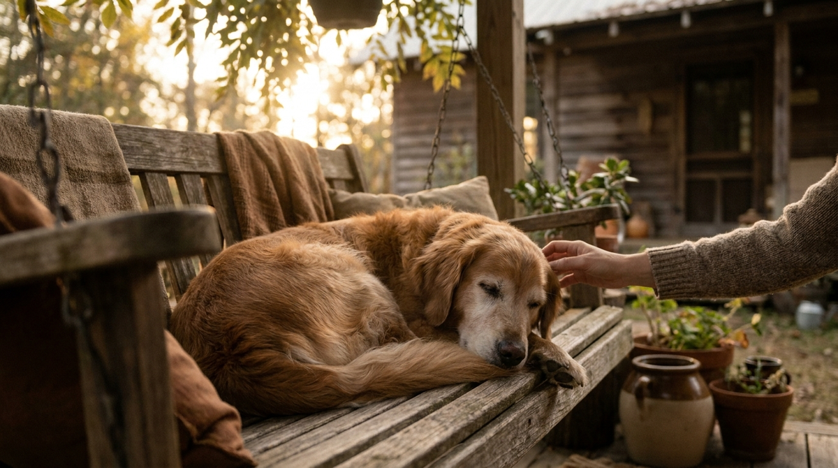 A calm senior golden retriever resting on a porch swing while an owner gently pets it — CBD and dog behavior research | HempMy Pet