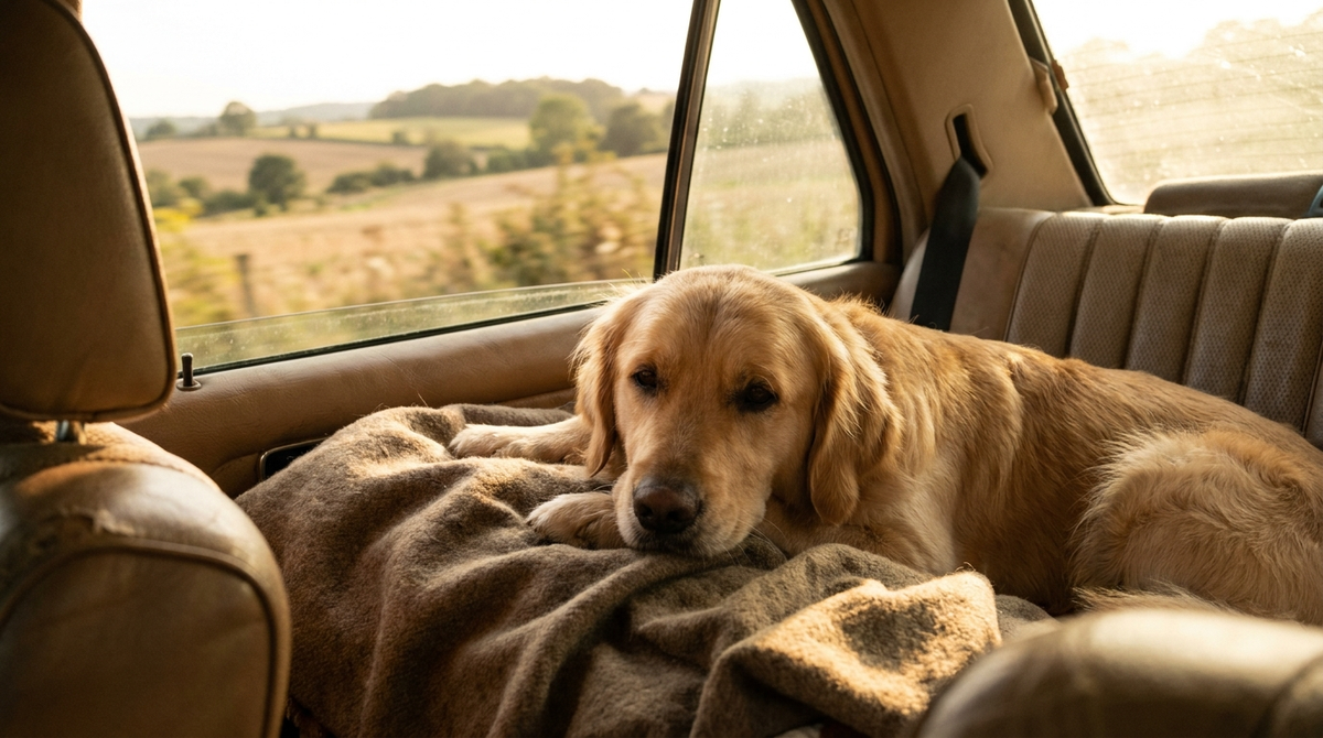 Relaxed golden retriever resting calmly in a car during summer travel.