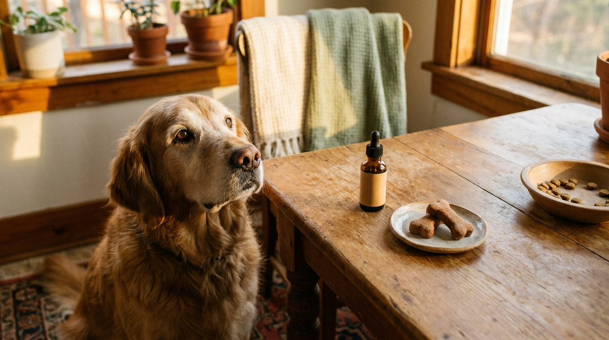 Senior golden retriever beside a kitchen table holding hemp oil, dog treats and kibble - three ways to give the same supplement.