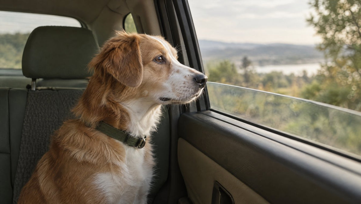 Dog sitting calmly in a car back seat looking out of a partly open window