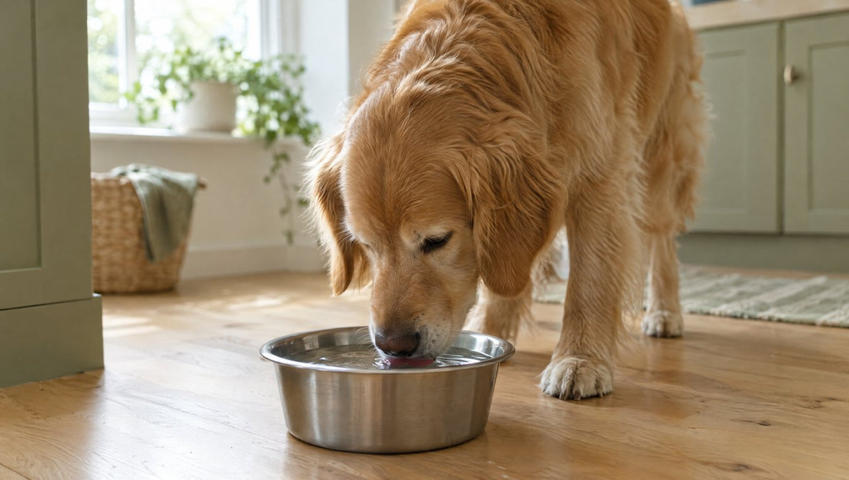 Golden retriever drinking from a stainless steel water bowl on a kitchen floor