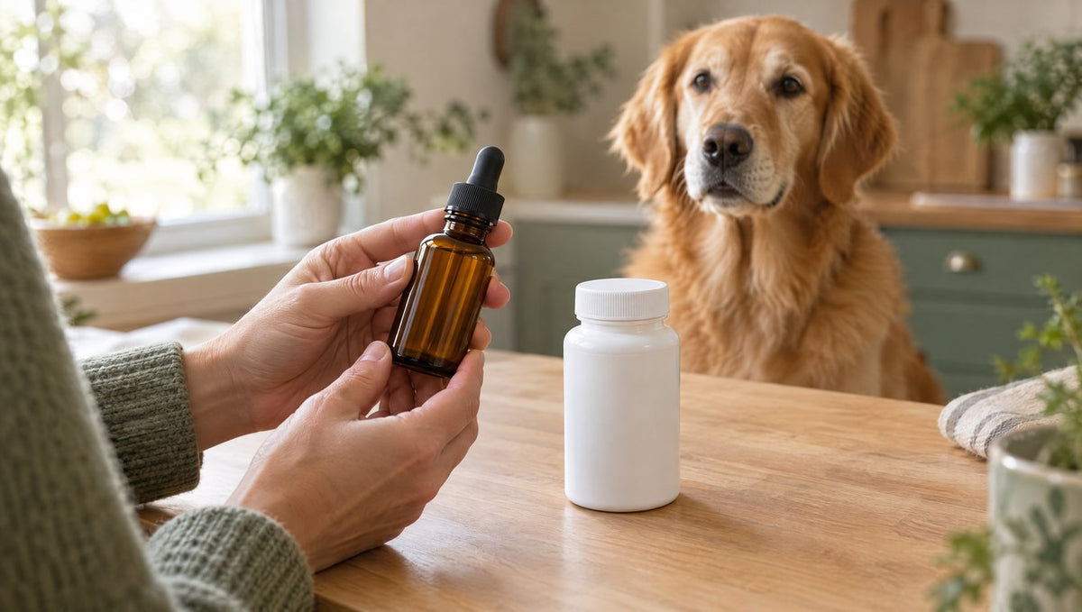 Owner holding a hemp oil dropper bottle beside a prescription pill bottle with a senior golden retriever watching