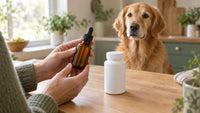 Owner holding a hemp oil dropper bottle beside a prescription pill bottle with a senior golden retriever watching