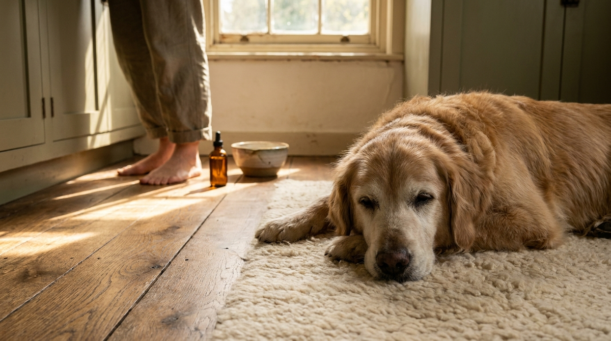 Senior golden retriever resting in warm morning light on a kitchen floor beside a hemp oil dropper bottle