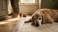 Senior golden retriever resting in warm morning light on a kitchen floor beside a hemp oil dropper bottle