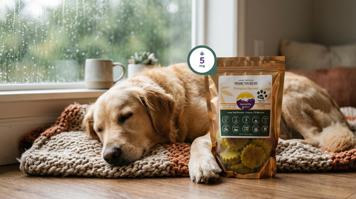 Calm dog resting beside HempMy Pet hemp calming dog treats by a window