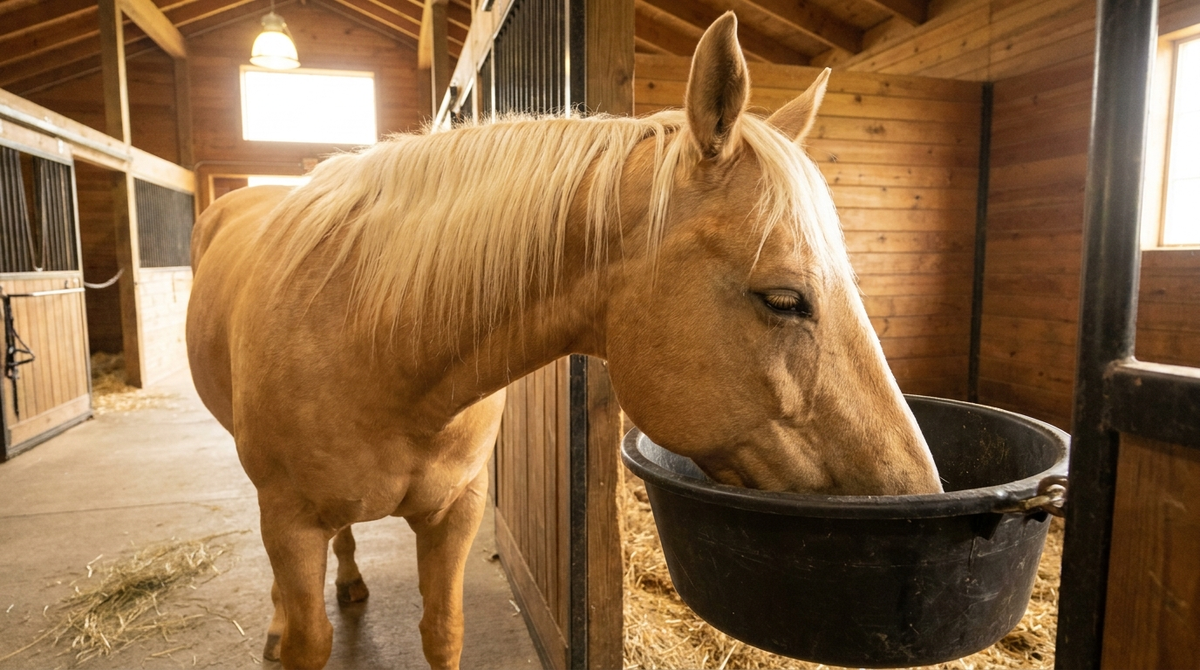 Palomino horse eating from a feed bucket