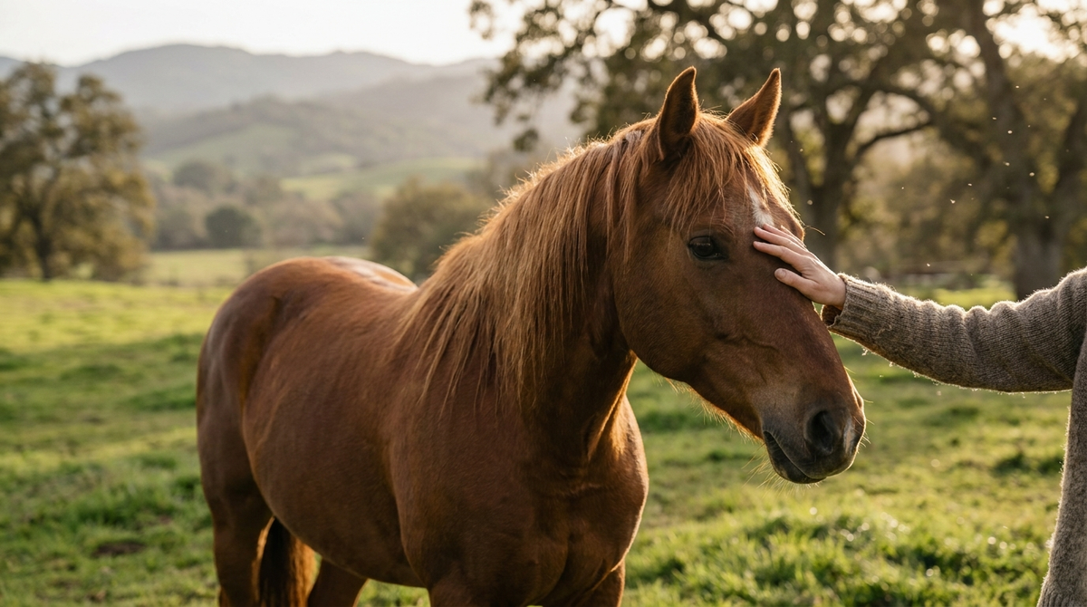 A calm chestnut pony in a sunlit pasture with an owner's hand resting on its neck.