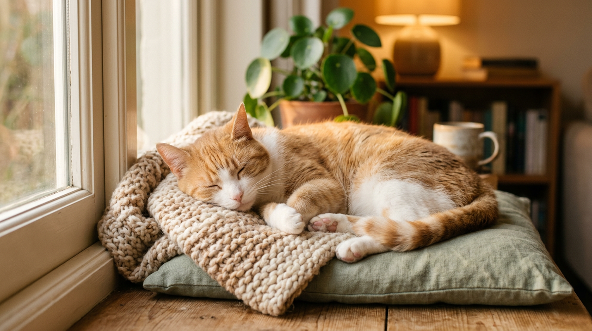 A calm, content cat resting in warm golden-hour light by a sunny window.