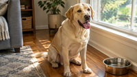 Yellow labrador panting calmly beside a sunlit window with a water bowl on the floor nearby