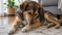 Dog lying on a rug licking its front paw, with healthy fur and no redness or irritation visible