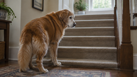 A senior golden retriever hesitating at the bottom of a staircase, shifting weight off one back leg