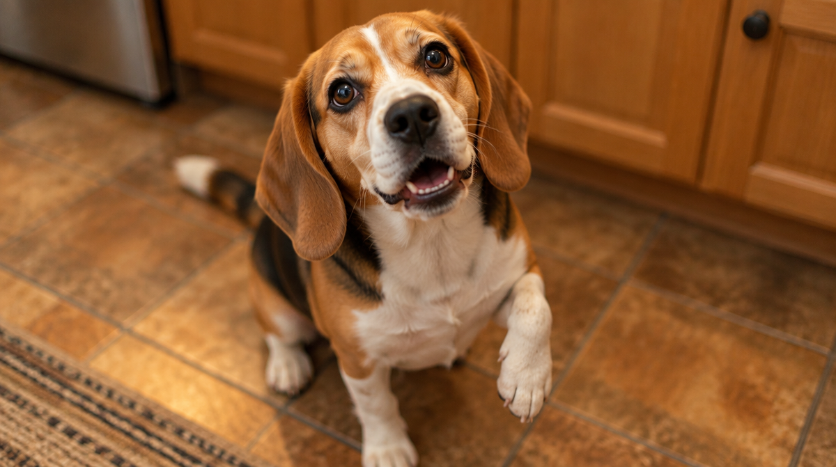 A beagle looking up at its owner with one paw raised, whining for attention