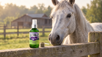 Senior grey horse at a paddock fence beside a bottle of HempMy Pet Equine Formula full-spectrum hemp olive oil and a feed scoop