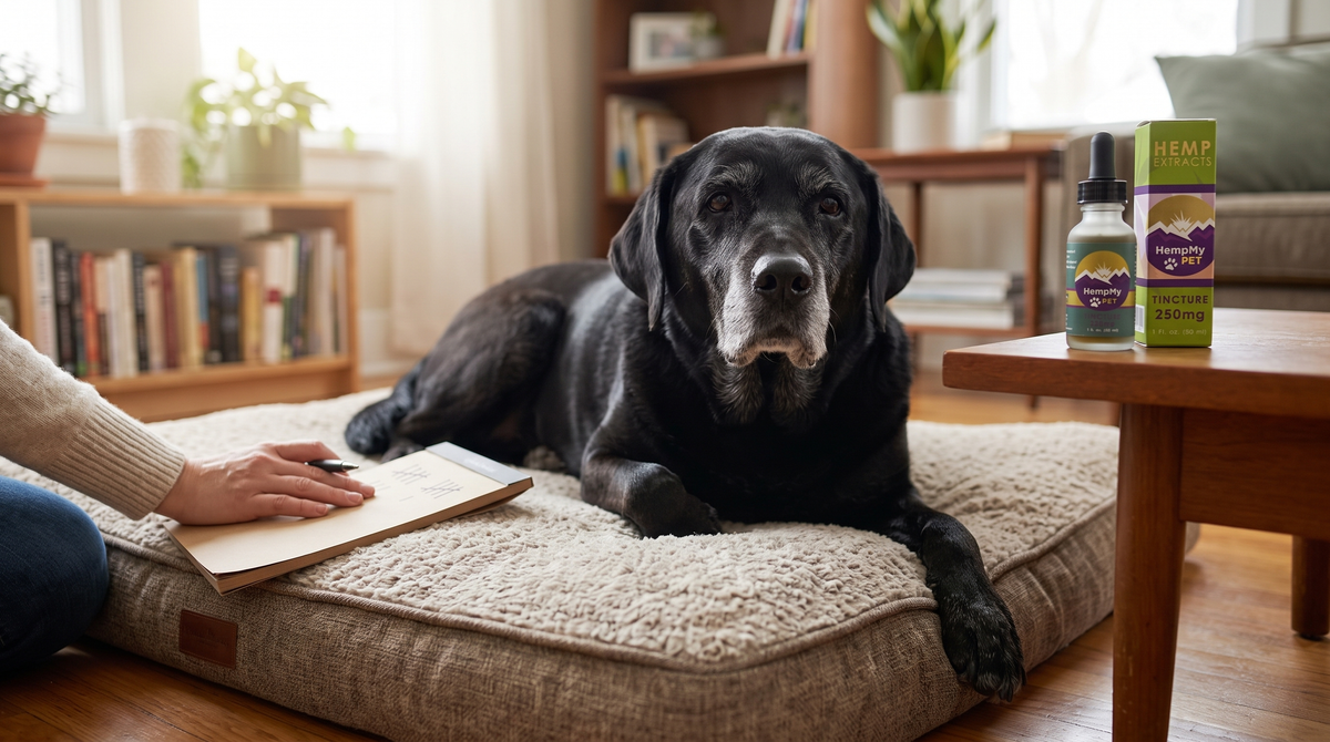 Senior black Labrador resting on an orthopedic bed while an owner writes on a notepad, a HempMy Pet 250mg hemp seed oil bottle on the side table