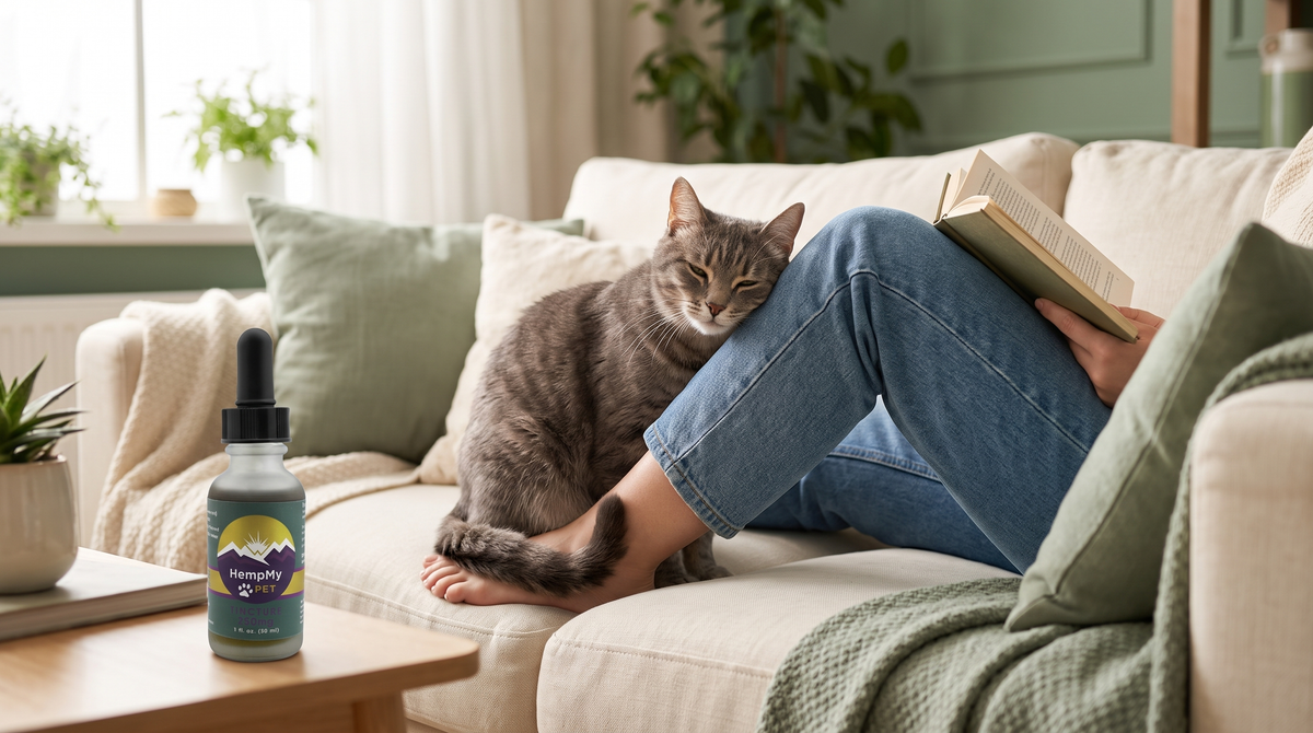 Grey tabby cat resting its head against its owner's leg on a sofa, with a HempMy Pet 250mg hemp seed oil bottle on the side table