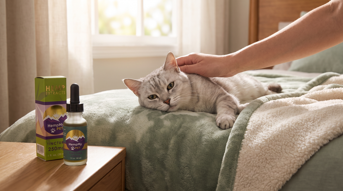 Senior silver tabby cat resting on a bed being gently stroked, with a HempMy Pet 250mg hemp seed oil bottle on the bedside table