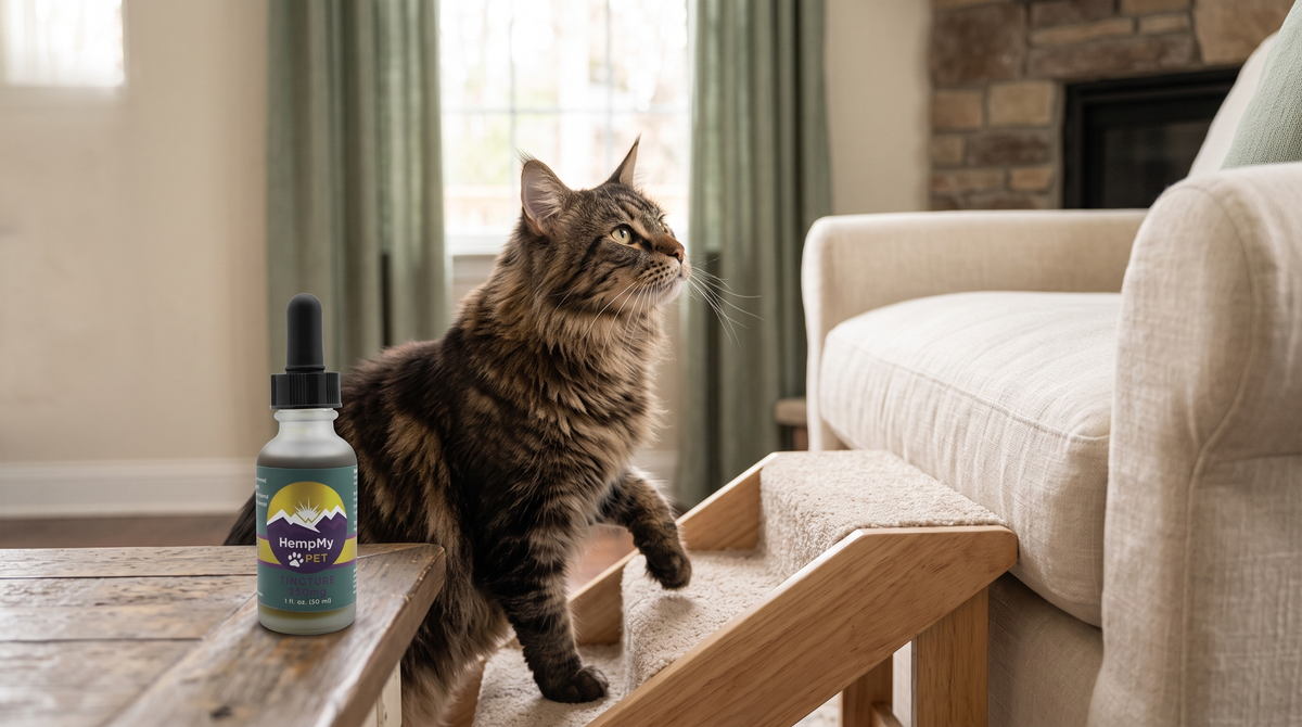 Maine Coon cat using a carpeted pet ramp to reach a sofa, with a HempMy Pet 250mg hemp seed oil bottle on the coffee table
