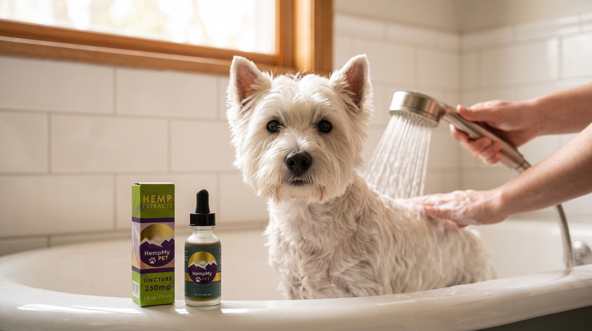 West Highland terrier being rinsed in a bathtub, with a HempMy Pet 250mg hemp seed oil bottle and box on the tub edge