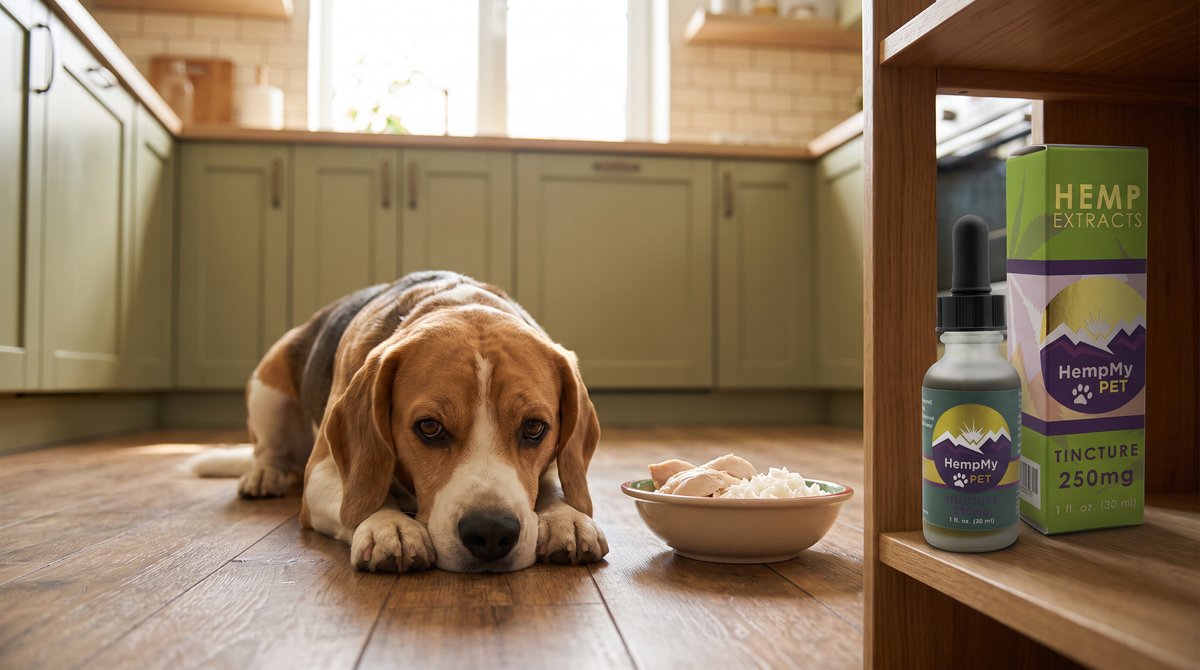Beagle resting on a kitchen floor beside a bowl of plain chicken and rice, with a HempMy Pet 250mg hemp seed oil bottle and box on a shelf