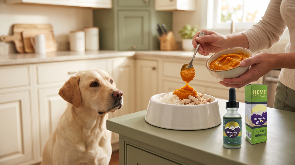 Pumpkin purée being spooned onto a bowl of chicken and rice while a Labrador watches, with a HempMy Pet 1000mg hemp seed oil bottle and box on the counter