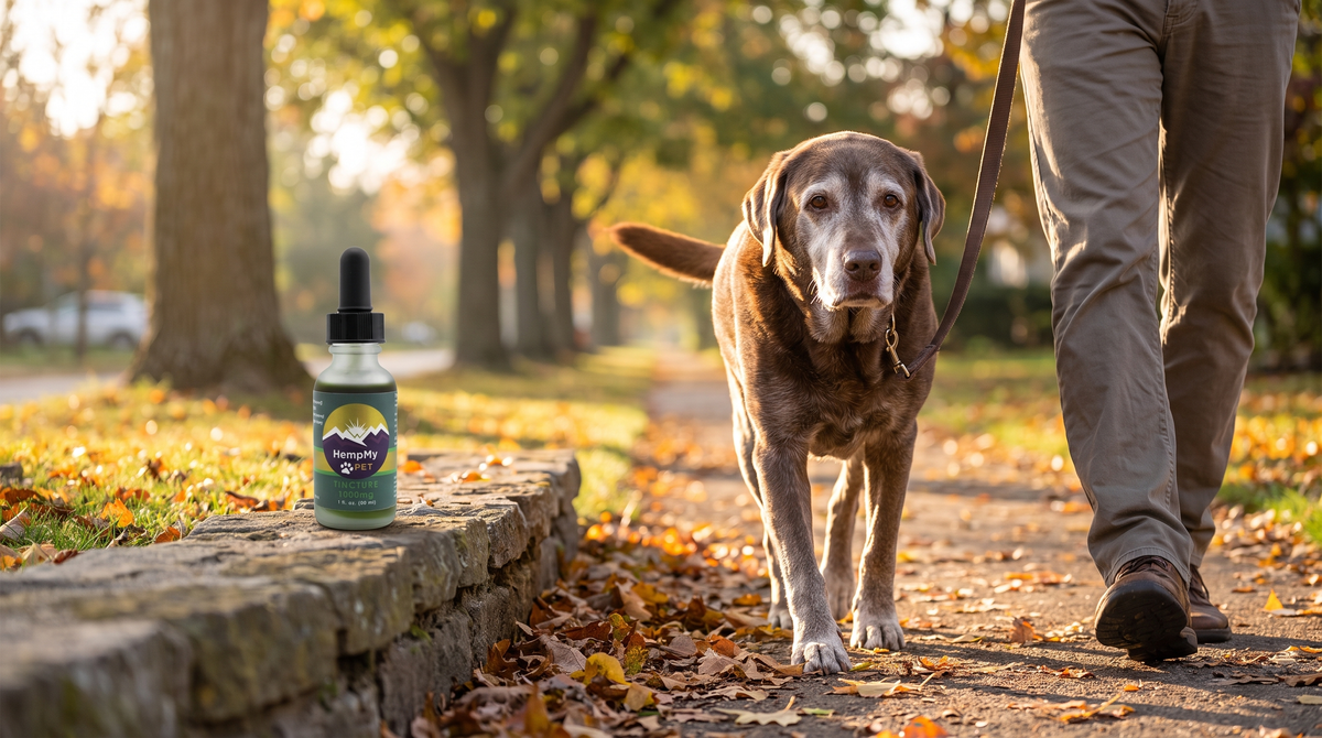 Senior grey-muzzled Labrador on a leash walking an autumn path, with a HempMy Pet 1000mg hemp seed oil bottle on a stone wall beside it