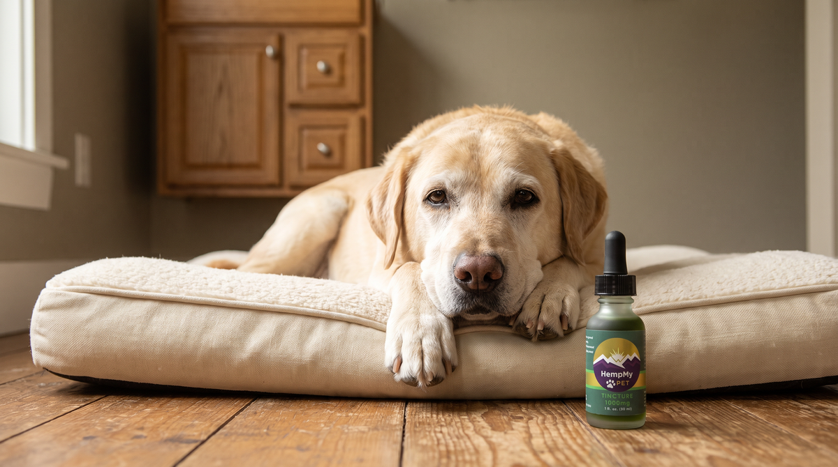 Senior yellow Labrador resting on an orthopedic bed beside a HempMy Pet 1000mg hemp oil tincture bottle, with a medicine cabinet in the background