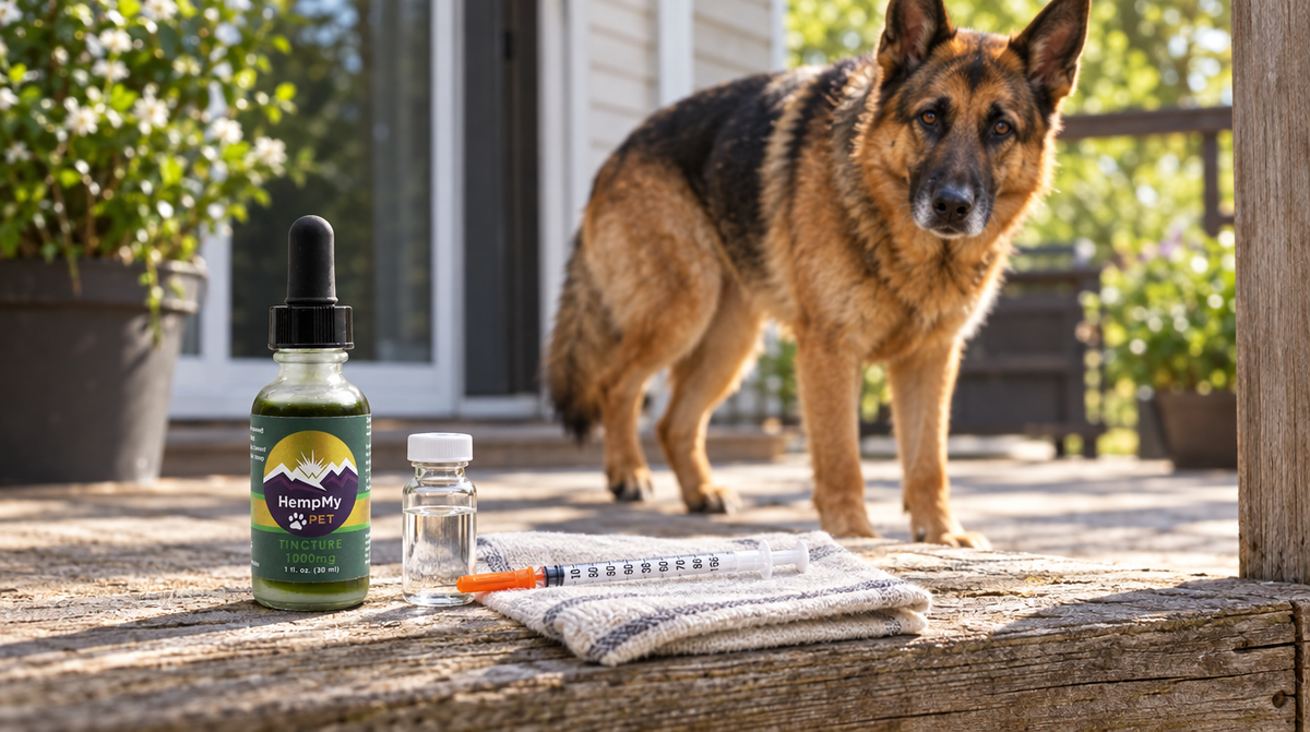 German Shepherd favouring a hind leg on a porch beside a HempMy Pet 1000mg hemp oil bottle and a peptide vial