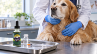 Veterinarian examining a senior golden retriever beside a HempMy Pet hemp oil bottle and a peptide vial, for an article on peptide safety in dogs
