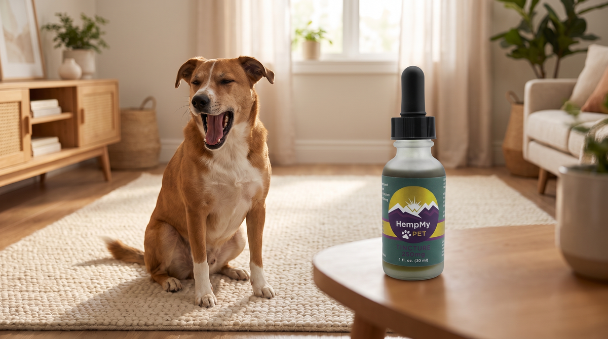 Brown and white dog yawning on a living room rug beside a HempMy Pet 250mg hemp oil bottle on a side table