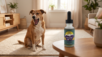 Brown and white dog yawning on a living room rug beside a HempMy Pet 250mg hemp oil bottle on a side table