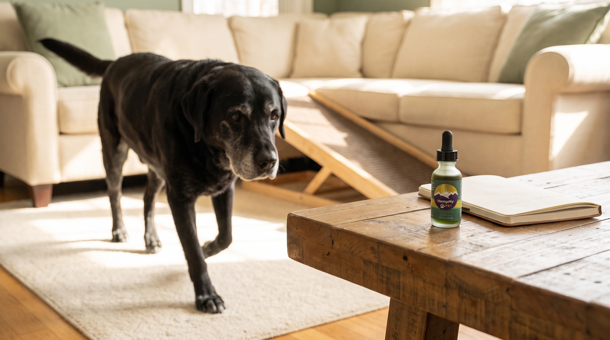 Senior black Labrador with a grey muzzle walking across a sunlit living room rug past a ramp to the sofa, with a HempMy Pet 1000mg hemp seed oil bottle on the coffee table