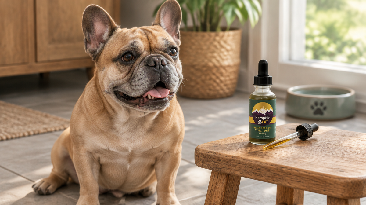 Senior fawn French Bulldog sitting on a cool tiled floor beside a HempMy Pet 250mg full-spectrum hemp seed oil bottle