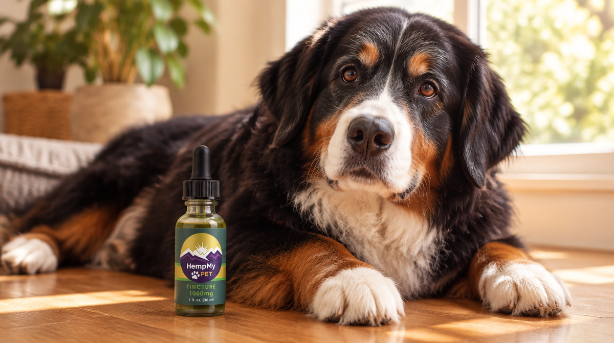 Senior Bernese Mountain Dog lying on a wooden floor beside a HempMy Pet 1000mg hemp seed oil bottle