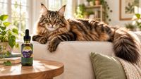 A large brown tabby Maine Coon lounging on a sofa beside a HempMy Pet 250mg hemp seed oil bottle