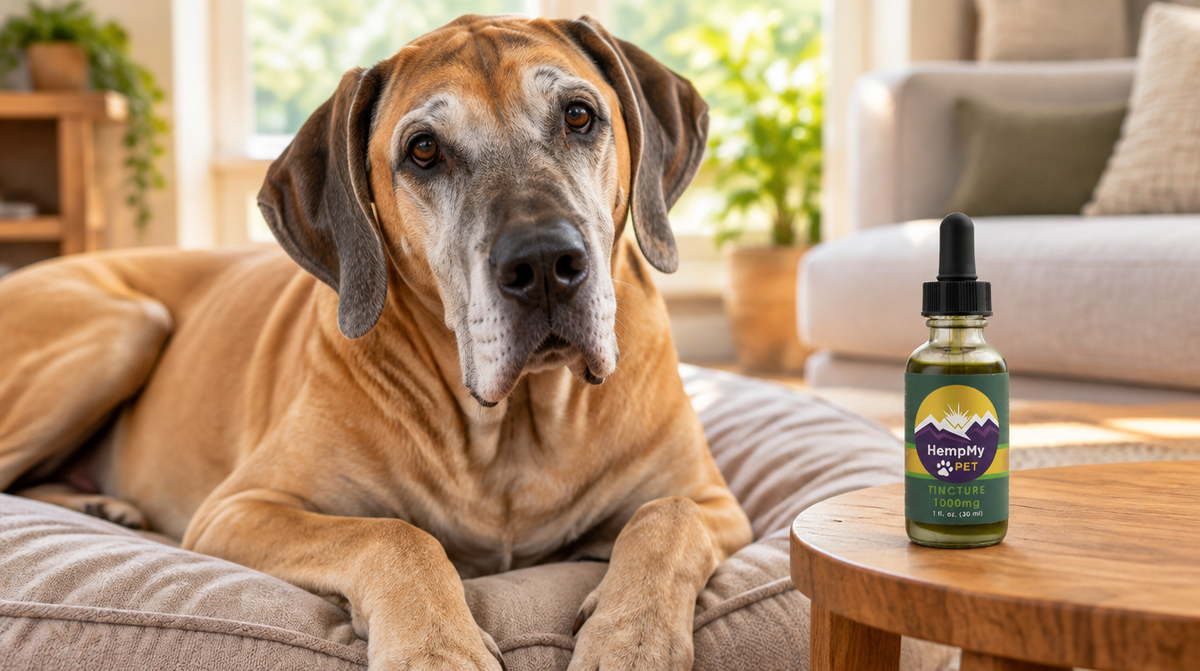 Senior fawn Great Dane with a grey muzzle resting on a cushion beside a HempMy Pet 1000mg hemp seed oil bottle