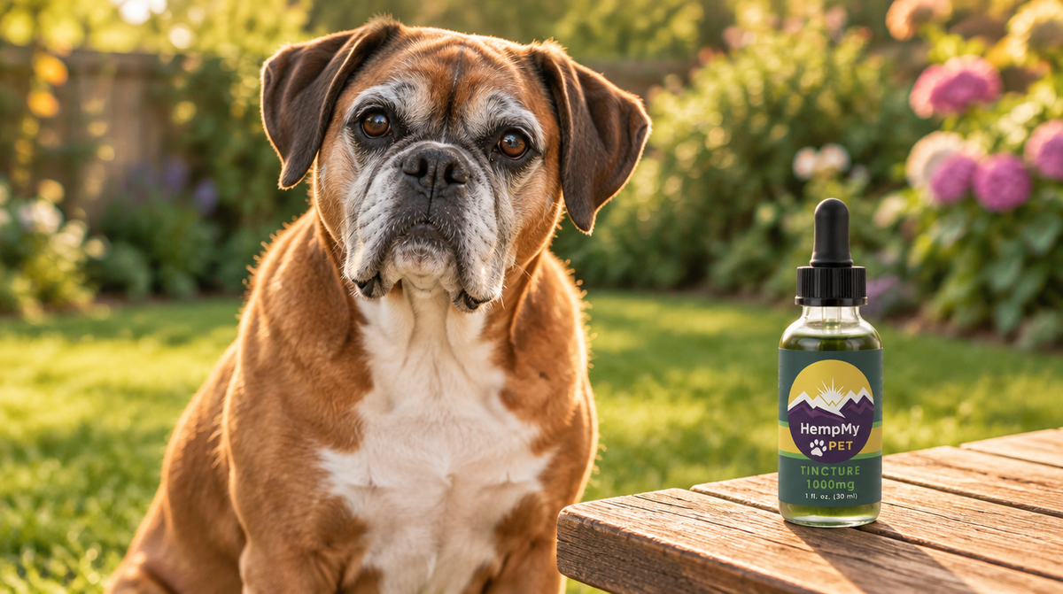 Senior fawn Boxer dog with a greying muzzle sitting on a sunny lawn beside a HempMy Pet 1000mg hemp seed oil bottle