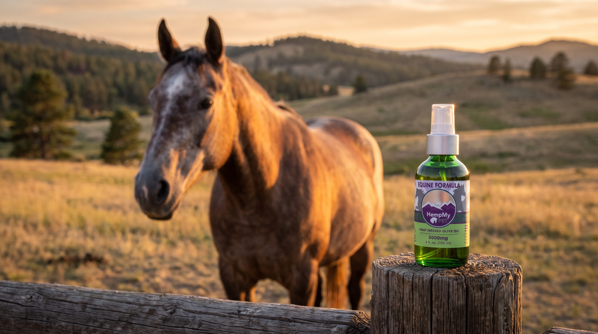 Chestnut horse standing in a sunlit paddock beside a HempMy Pet equine hemp oil bottle and box