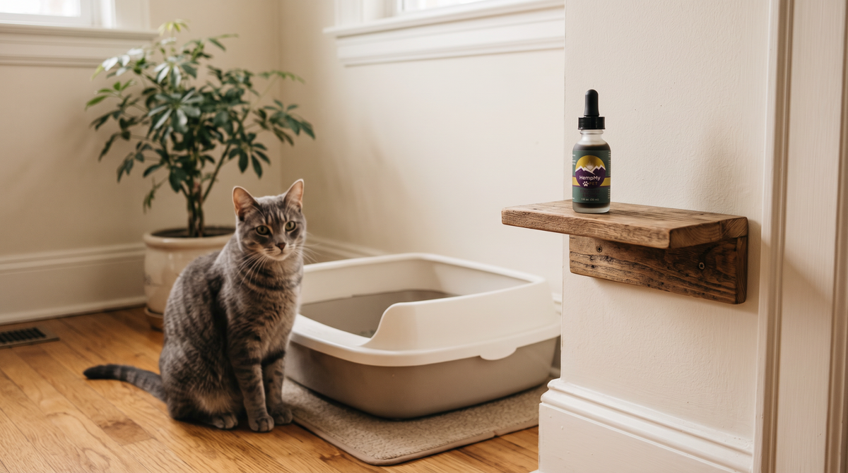 Grey tabby cat sitting beside a clean open litter box with a HempMy Pet 250mg hemp seed oil bottle on a nearby shelf