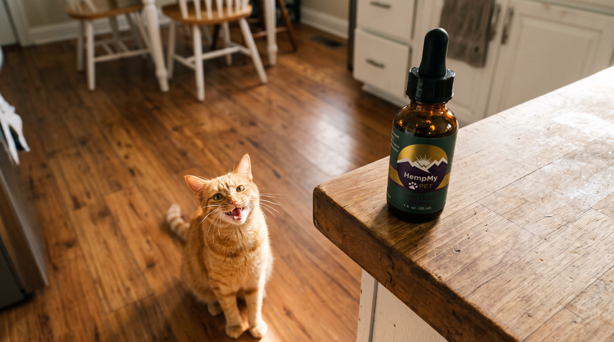Orange tabby cat meowing up at the camera in a kitchen beside a bottle of HempMy Pet hemp seed oil