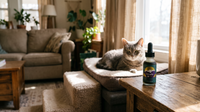 Older gray tabby cat resting on a padded bed beside a pet step, with a bottle of HempMy Pet hemp seed oil in the foreground