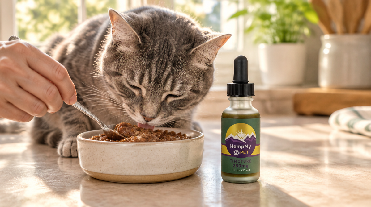 Grey tabby cat eating wet food stirred with a spoon next to a HempMy Pet 250mg hemp oil bottle