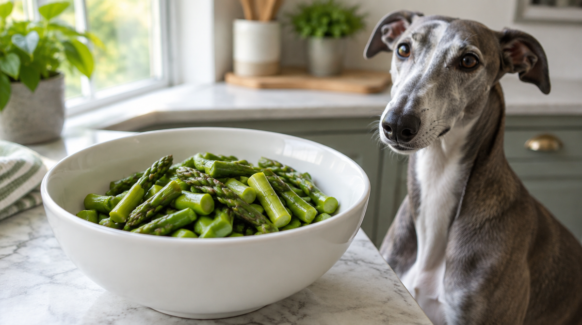 Cooked asparagus cut into short pieces in a white bowl with a greyhound beside the counter