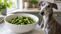 Cooked asparagus cut into short pieces in a white bowl with a greyhound beside the counter