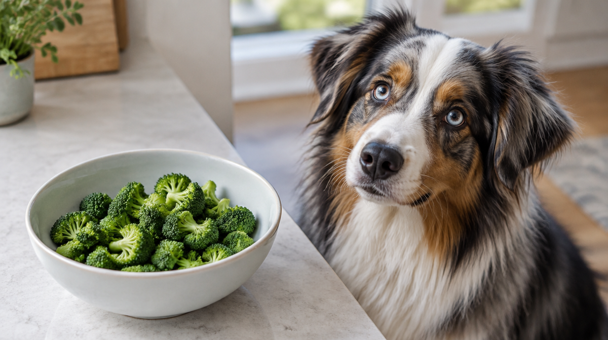 Small steamed broccoli florets in a bowl with an australian shepherd beside the counter
