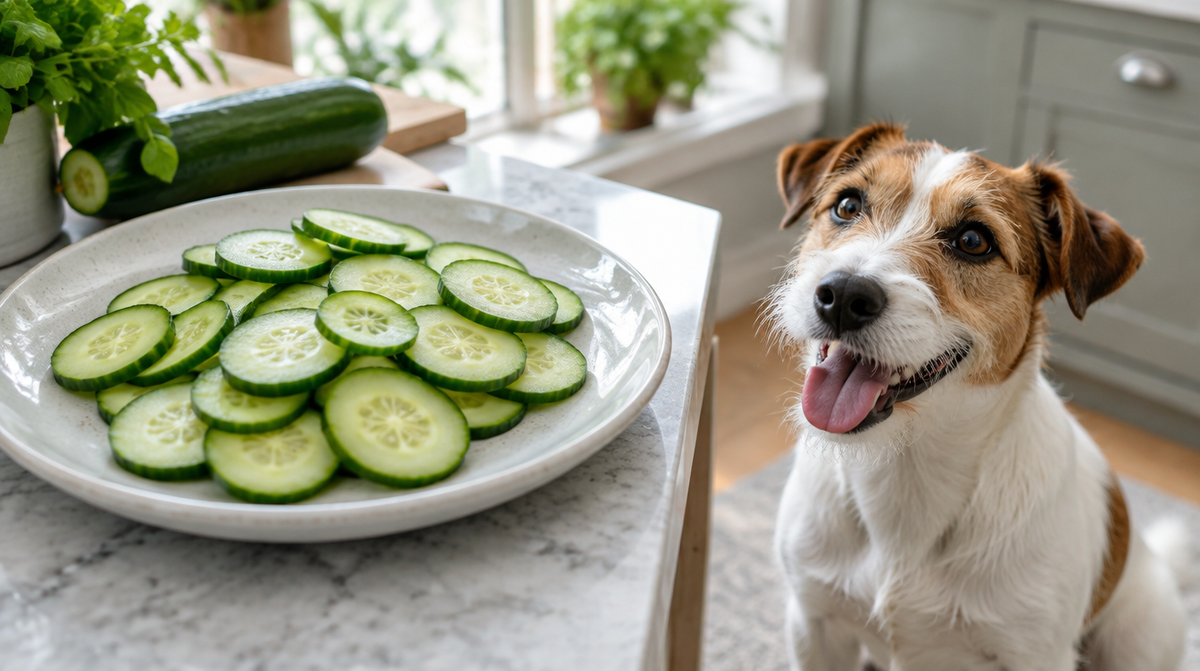 Fresh cucumber sliced into rounds on a plate with a jack russell terrier beside the counter