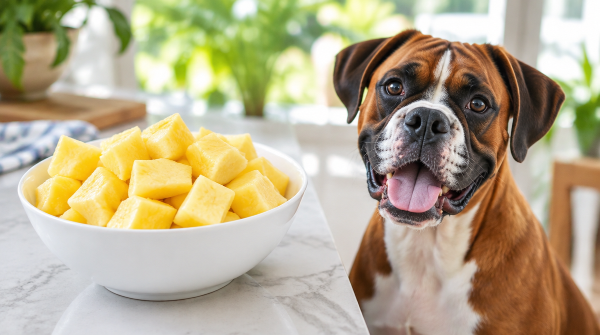 Peeled fresh pineapple cut into cubes in a white bowl with a boxer dog beside the counter